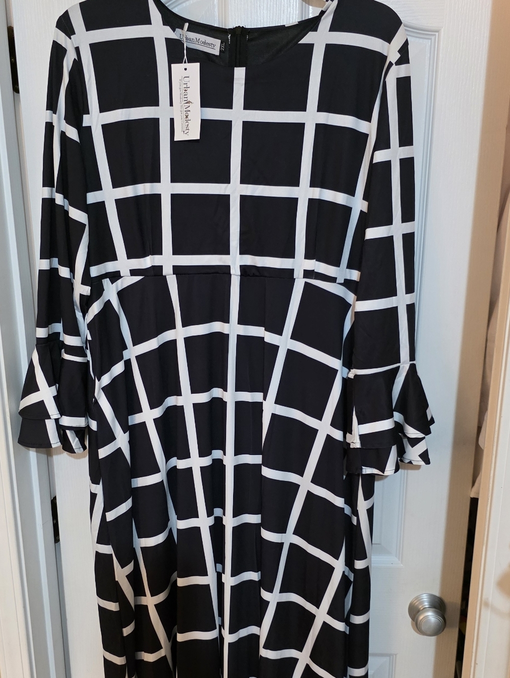 Urban Modesty Black and White Windowpane Ruffle-Sleeve Women’s Maxi Dress